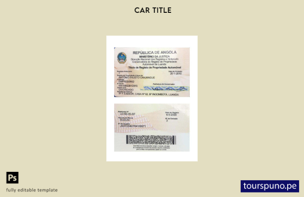 Plantilla de versión de tarjeta de registro de vehículo de Angola lista para imp